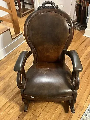 Antique Victorian Walnut Wood Leather Upholstered Small Rocking Chair • $75