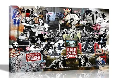 Collage Banksy Canvas Print Bedroom Home Decor Graffiti Artwork Picture Wall Art • £49.99