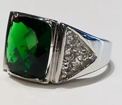 Custom Men's Natural Diamond & Synthetic Emerald Ring 14K White Gold 6.70 Grams • $710