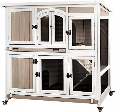 PetsCosset 47 L Rabbit Hutch Indoor Wooden 2-Story Large Bunny Cage On Wheels • $159.99