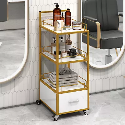 Beauty Salon Storage Trolley Cart Lockable Wheels Metal Frame Marbled Board • $93.72