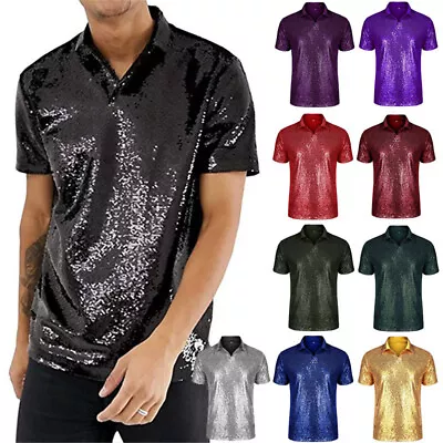 Men Turndown Sparkle Sequins Polo Shirts 70s Disco Nightclub Party T-Shirts Tops • £30.44