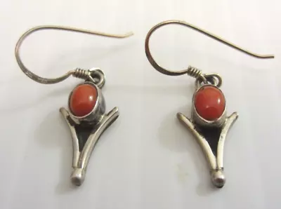 Vintage Sterling Silver 925 & Red Coral Dangle Earrings - 1 Inch ☆ • $22