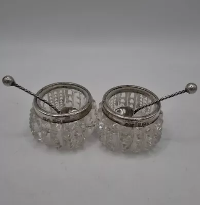 Antique Pair Silver Rimmed Glass Open Salts With Silver Spoons C.1900-1905 • £50