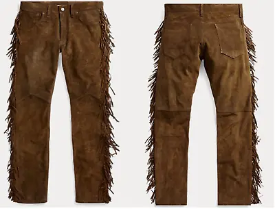 Men Native American Western Cowboy Leather Pants Full Leg Fringe Suede Leather • $39.99