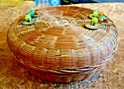 Vintage Antique Asian Round Woven Sewing Basket With Lid Glass Beads & Coins 7in • $5