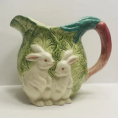 Bunny Lane Vintage Hand Painted Pitcher Large Pink Green Ceramic Glazed Rabbits • $29.99