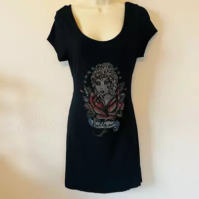 Vintage Ed Hardy Christian Audgier Black Rhinestone Tattoo Girl Mini Dress Y2K L • $56