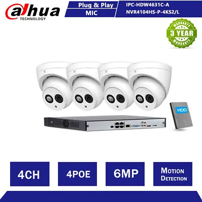 Dahua OEM 6MP 4CH 4POE NVR4104HS-P-4KS2 IP Camera HDW4631C-A CCTV System Kit Lot • $467.40