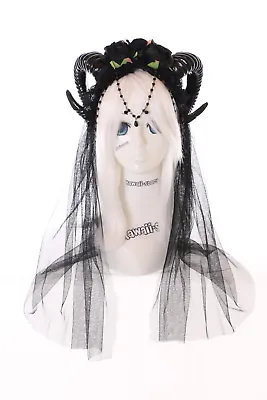 £37.61 • Buy C-28 Devil Horns Headband Vampire Headdress Roses Veil Gothic Lolita