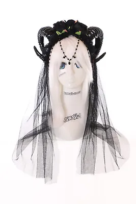 C-28 Devil Horns Headband Vampire Headdress Roses Veil Gothic Lolita • £37.28