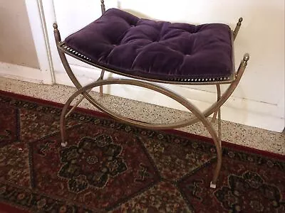 Vintage MCM Hollywood Regency Vanity Stool Chair Brass Mesh Velvet Cushion • $160