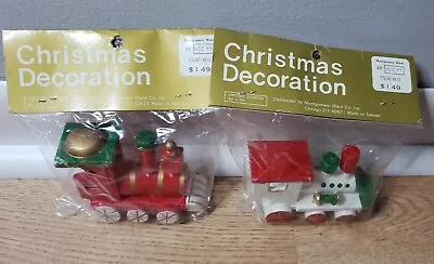 Lot Of (2) Wooden Vintage Montgomery Ward Christmas Ornaments TRAINS Red White • $14.99