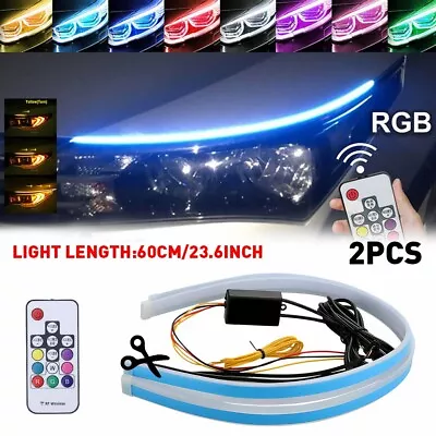 2x 60CM Slim Sequential Flexible RGB LED Turn DRL Signal Strip Remote Headlight • $14.79