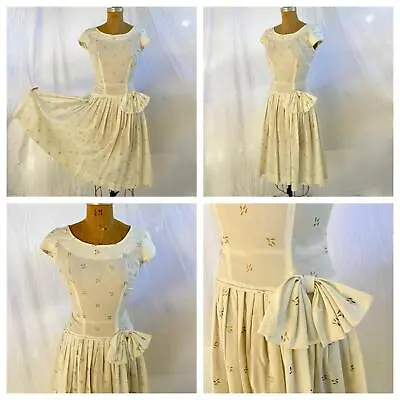 Vtg 50s White Gold Cotton Fit Flare Sun Swing Dress S Bow Rockabilly Cottagecore • $44.95