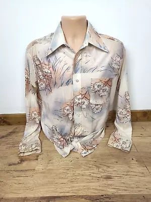 MENS VINTAGE 70s GANGSTER MOD GOODFELLA FESTIVAL POLYESTER DISCO SHIRT SIZE S • £59.99