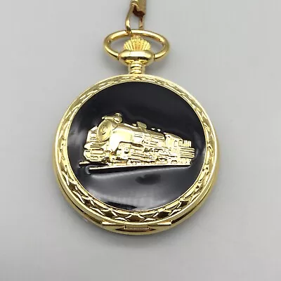 Native U.S.A Pocket Watch Gold Tone Black Enamel Train With Chain 46mm • $25.49