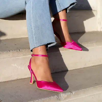 Linzi Shoes Chrishell Pink Satin Court Heel With Wrap Around Ankle Strap • £10.99