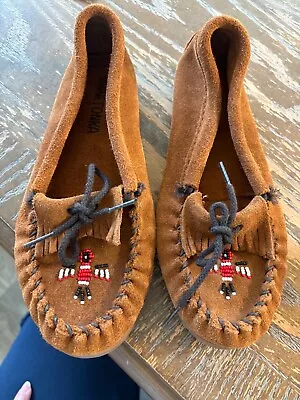 Minnetonka Multicolor Beads Moccasins Brown Size Big Womens 5.5 Big Kids  4 EUC • £21.08