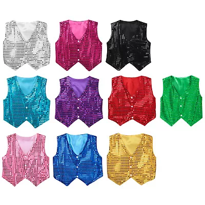 Girls Boys Sparkly Sequins Vest Jacket Shiny Waistcoats Jazz Dance Stage Costume • £6.27