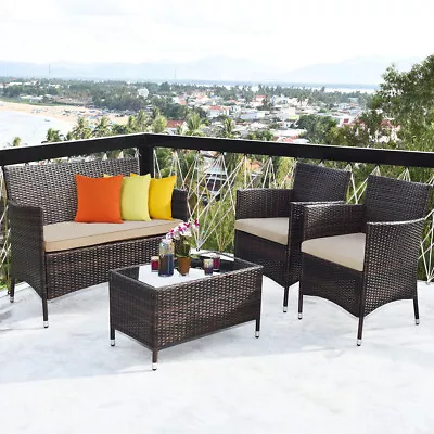 4 Pieces Rattan Patio Furniture Set Cushioned Sofa Chair Coffee Table For Garden • $189.49