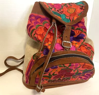 GUATEMALAN Embroidered Floral Multi Pocket Shoulder BACKPACK Bag FUN • $12.50