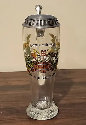 Vintage German Glass Beer Tankard Pewer Lid Gott Erhalt's Hopfen Und Malz 0.5 L • $29.50