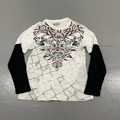 Vintage MMA Elite T Shirt Thermal Sleeves White Grunge Skull Y2K Affliction Sz M • $59.99