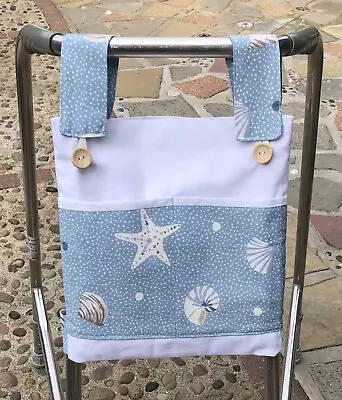 Bag For Walking Frame/zimmer Frame Strong Cotton Fabric 3 Pockets Blue/seashells • £13