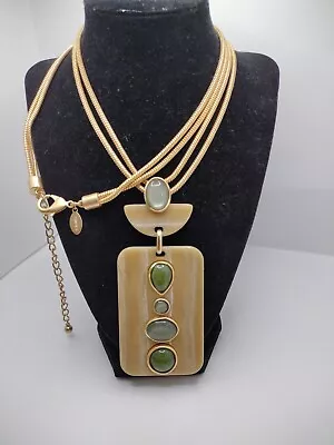 $22 • Buy Vintage Chico's Green Gray Cabochons 30 -34  Chunky Necklace~large 5  Pendant~
