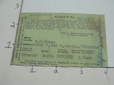 Vintage Paper - 1958-59 ID CARD - Class T Motor Vehicle WEST VIRGINIA - Tractor • $23.22
