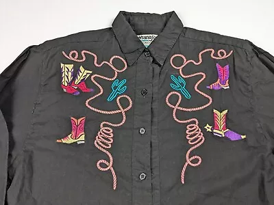 Wrangler Embroidered Womens M Turquoise Rodeo Shirt Shoulder Pads Vintage 90s • $51.39