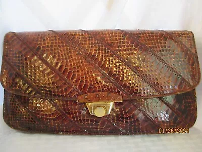 Vintage Spain Women's Brown SNAKESKIN LEATHER Clutch Purse Clasp In Front • $27