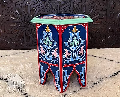 Moroccan Hand-Painted Table New Blue WOOD NOT MDF Table Hexagonal Hand Painted • $199