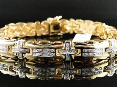 Mens Yellow Gold Finish And Genuine Pave Set Diamond Bracelet 9 Inch 11 MM • $249.99