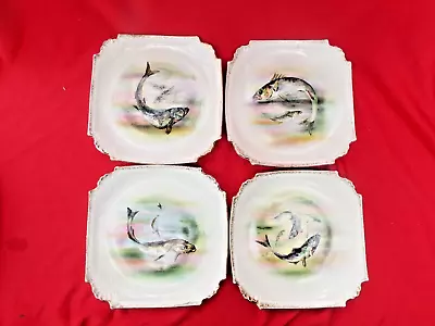 ROYAL BONN Franz Anton Mehlem Antique Four Square Plates With Fish Designs • £19.99