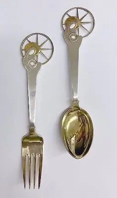 A Michelsen Sterling Silver Gold Wash Enamel Madonna And Child Spoon/Fork 1942 • $159.95