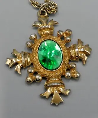 Georgian Revival Cross Pendant Necklace Fleur De Lis Rivoli Long Chain - FLAW • $14