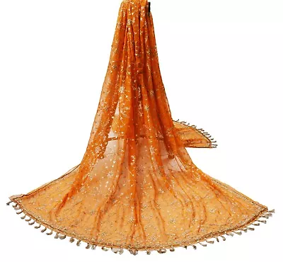 Vintage Heavy Orange Dupatta Pure Georgette Silk Long Stole Hand Embroidered • $74.53