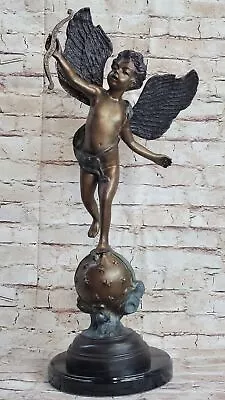 Vintage Early Bronze Cupid Cherub Garden Decoration Marble Base Sculpture Deal • $234.50