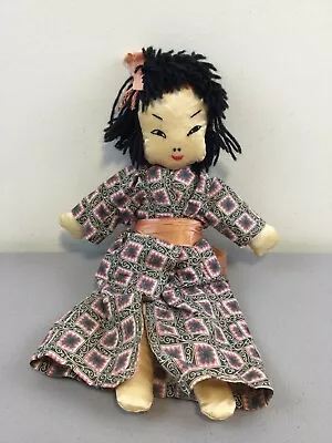 Antique Vtg Asian Oriental Girl Cloth Doll Wearing Kimono Dress Black Hair Toy • $35