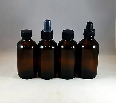 4 Oz Amber Boston Round Glass Bottles W Caps Droppers Phenolic Mult Lot Sizes • $5.79