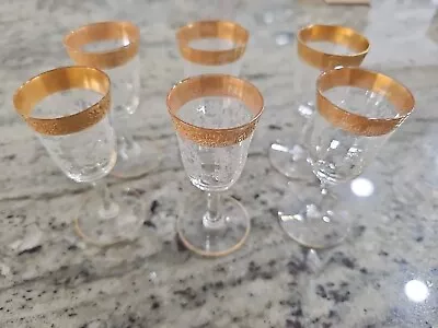 Moser Or Minton Tiffin Optic Stemmed Cordial Glasses Crystal Etched Gold Set 6 • $64