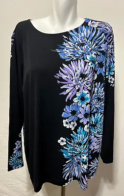 Bob Mackie Wearable Art 2X Tunic Top Shirt Black Blue Floral Chrysanthemum New • $34.99