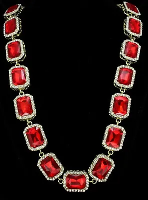 Mens Icy Large Red Rhinestone Chain 14k Gold Plated Necklace Hip Hop Fashion • $11.99