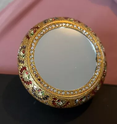 Vintage  BEAUTIFUL MICRO MOSAIC  And BRASS  JEWELED Round Vanity Mirror  ITALY?? • $40