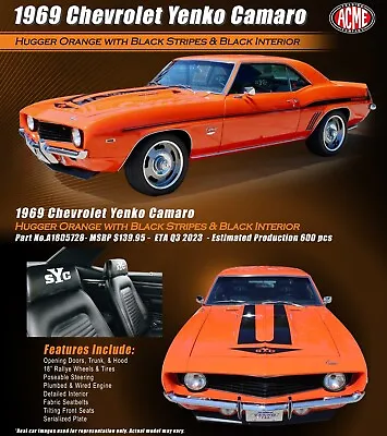 Acme A1805728 1:18 1969 Chevrolet Camaro Yenko (hugger Orange) • $139.95