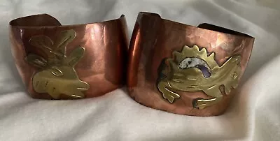 Vintage Pair Of Mixed Metals Copper Brass Inlay Cuff Animal Bracelets Mexico • $30