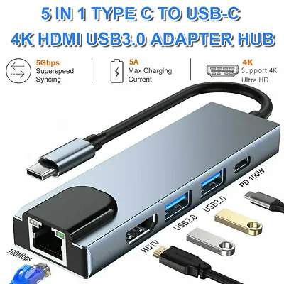 5 In 1 Type-C To HDMI Hub USB C PD Charging RJ45 Ethernet Adapter For Macbook • $17.96