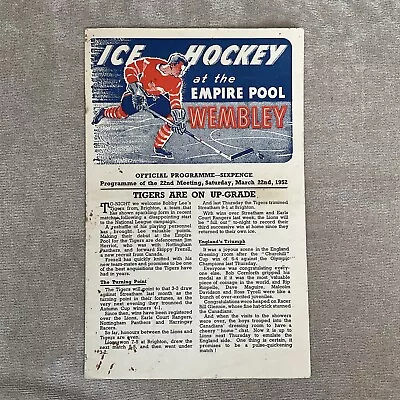 Vintage 1952 ICE HOCKEY Programme WEMBLEY LIONS V Brighton Tigers • £2.99